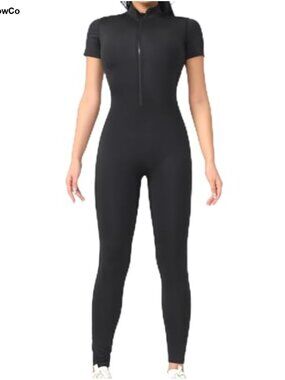 Women's Zip Up Jumpsuit Short Sleeve Long Pants Yoga Workout